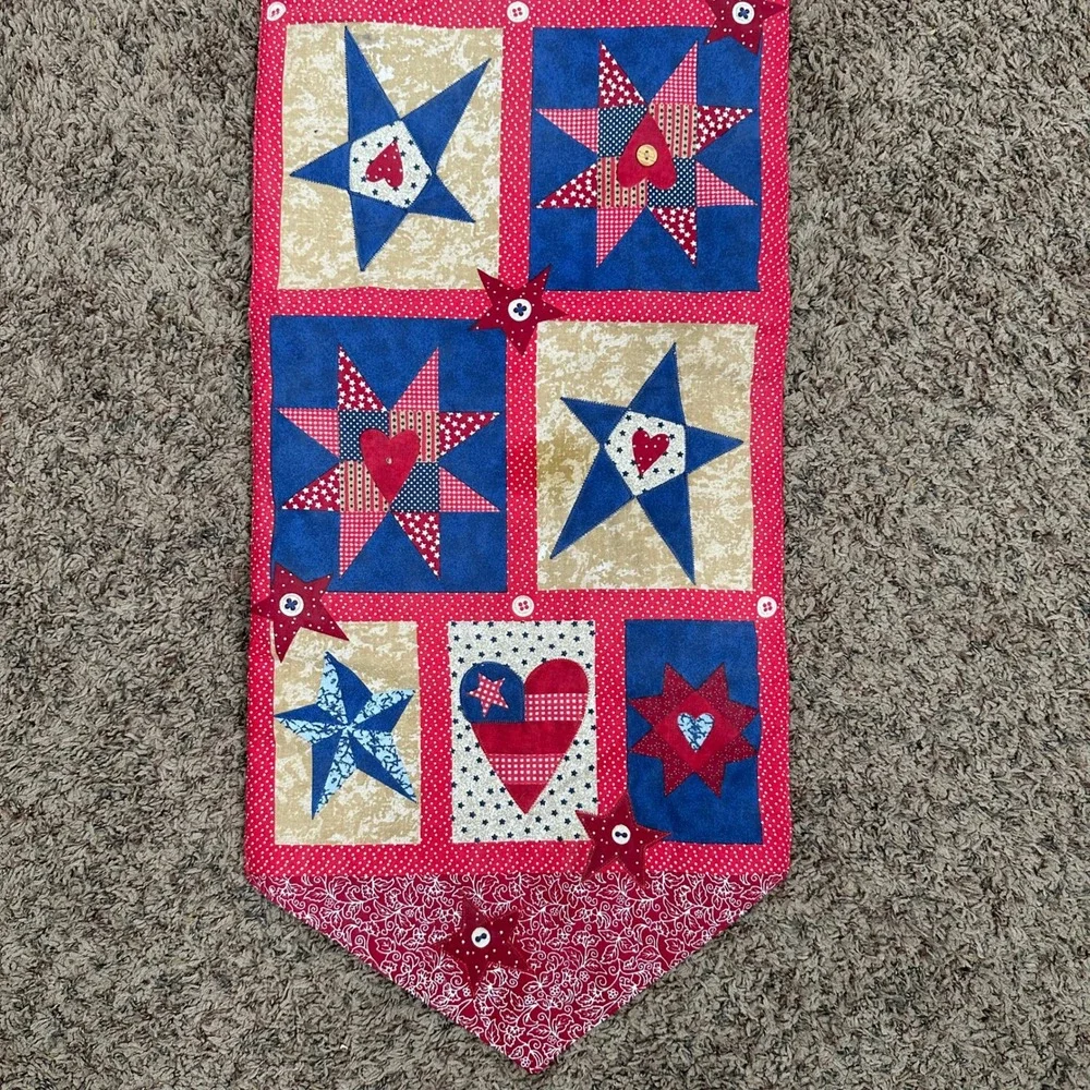 Patriotic Quilted Table Runner and Quilt Square Red White Blue Americana READ